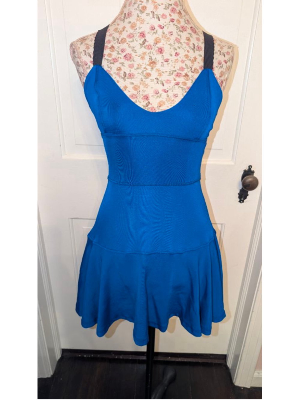 rare 90e vintage Betsey Johnson Blue Mini Dress with Black Straps P